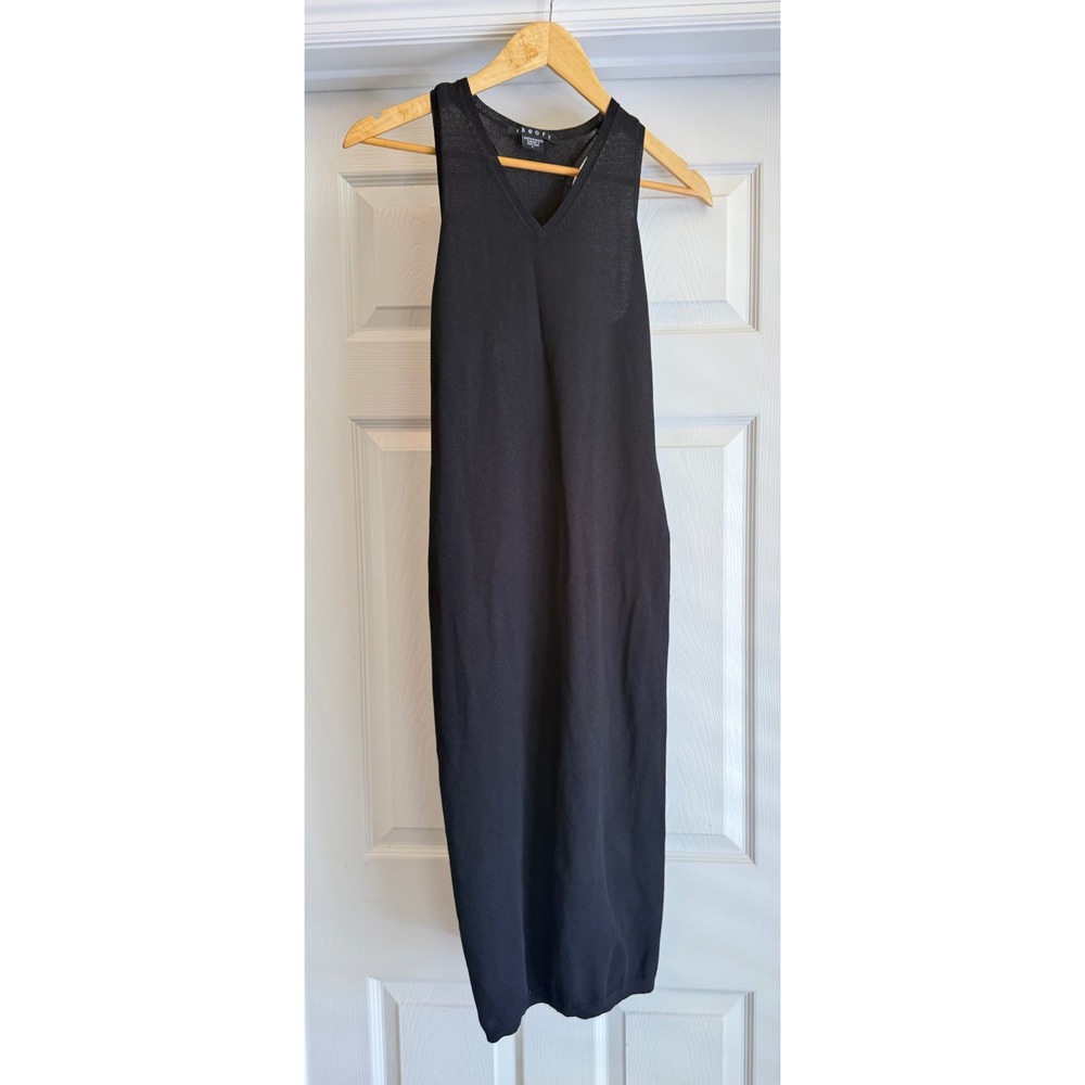Theory Knit Midi Dress Womens L Black V-Neck Racerback Sleeveless Rayon Blend